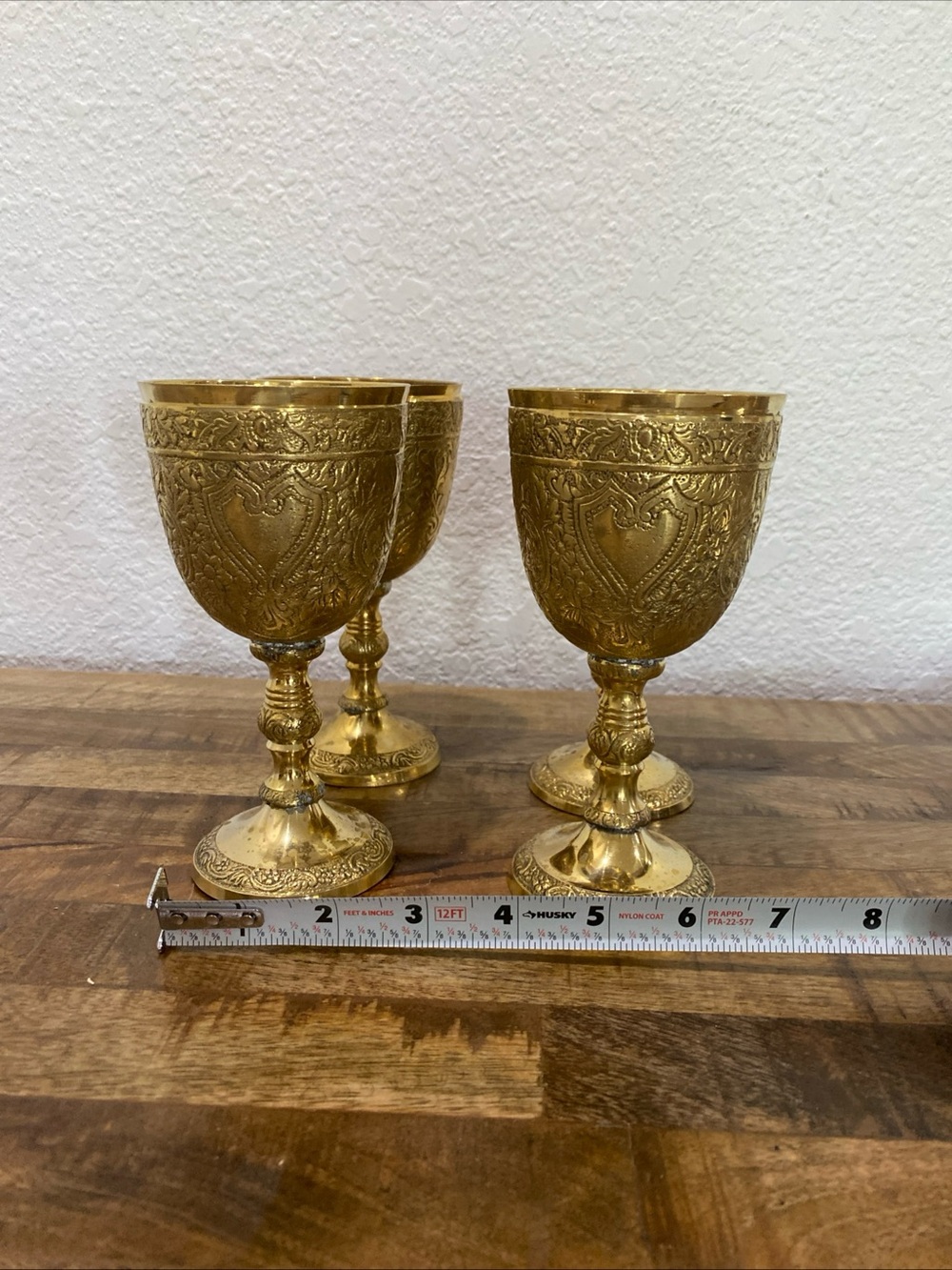 Vintage Brass Goblet Ornate Etched Chalice Cups Pair Decorative India 4Piece Set